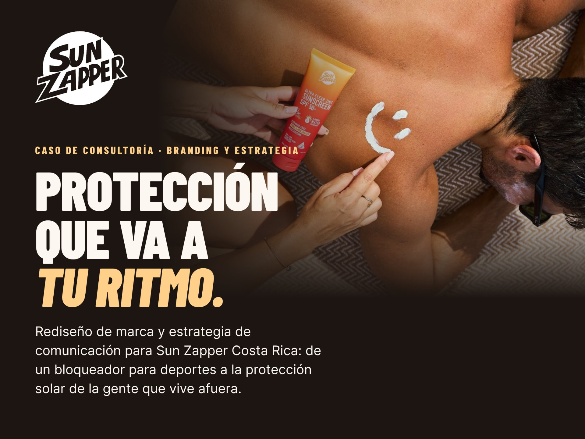 Portada del caso Sun Zapper: aplicación de bloqueador solar en la espalda con el lema «Protección que va a tu ritmo»